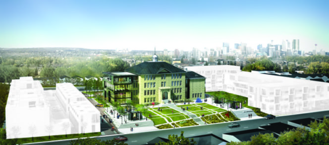 Architect's rendering of cSPACE showing proposed condominium development and seniors' housing.