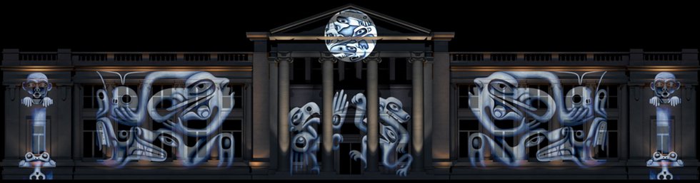 Rendering by Go2 Productions of a monumental projection to be presented by Vancouver-based artist Shawn Hunt on the Georgia Street façade of the Vancouver Art Gallery as part of Façade Festival 2017.