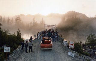 Clayoquot Sound logging protesters gather at daybreak in 1993 at the Kennedy River Bridge in preparation for another day of confrontations with loggers and RCMP enforcing a Supreme Court injunction. Photo by Mark Van Manen/Vancouver Sun.