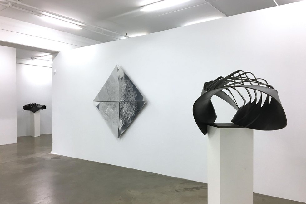Installation view featuring “Cut / Drawn 6M,&quot; in foreground, and “Cut / Drawn 6S&quot; by John Patkau and “Intended Augmentation” by Markus Schaller (photo by Shane O’Brien)