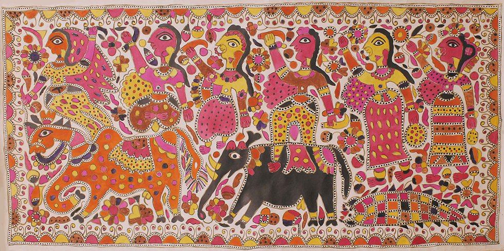 Jamuna Devi, &quot;Raja Salhesh with his two brothers and three flower maidens,&quot; (c. 2000)