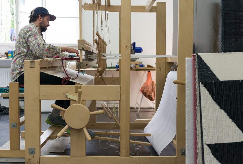 Brent Wadden weaves in his studio, 2015