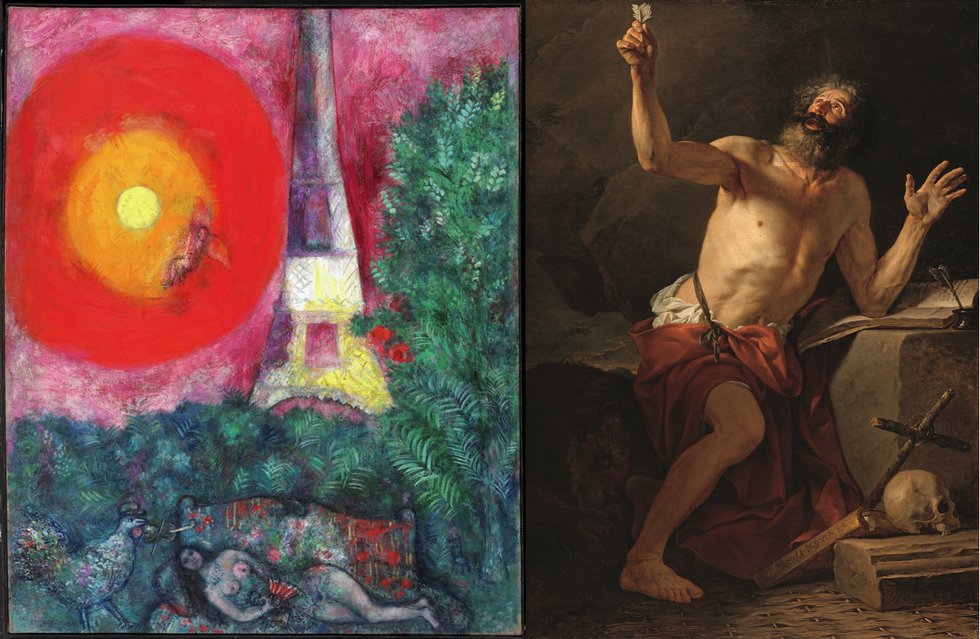 Marc Chagall, "The Eiffel Tower," (l) and Jacques-Louis David, "Saint Jerome," (r)
