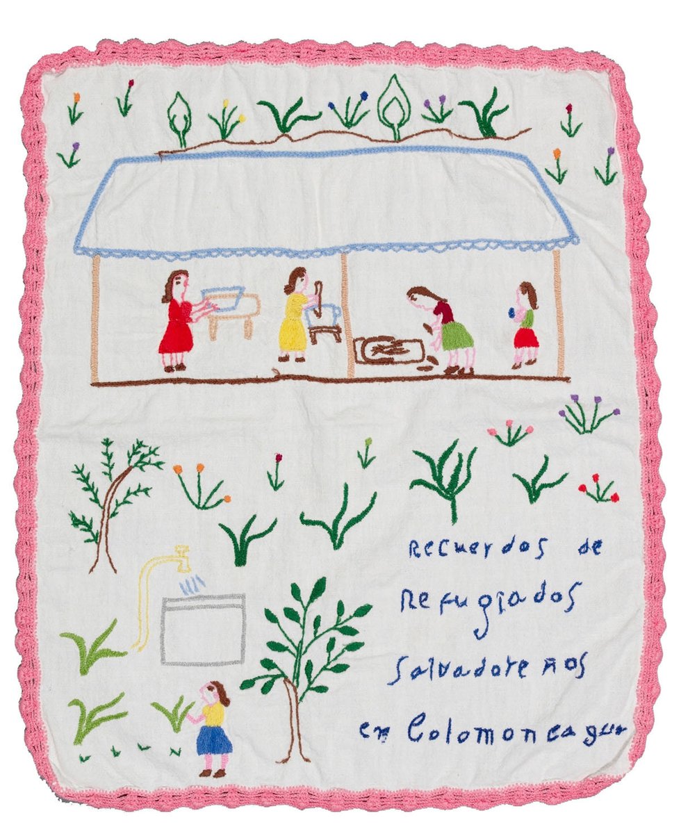 Artist unknown, untitled, 1981, embroidery depicts of refugees who fled violence in El Salvador as they await asylum in Honduran camp (photo by Kyla Bailey, courtesy of UBC Museum of Anthropology)