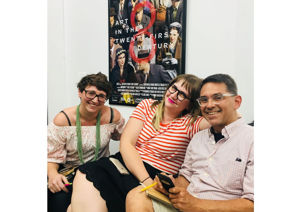 Stacey Abramson (centre) chills out with Erica Richard (left) and Todd Elkin (right) in the Art21 offices. (photo by Shannah Burton)