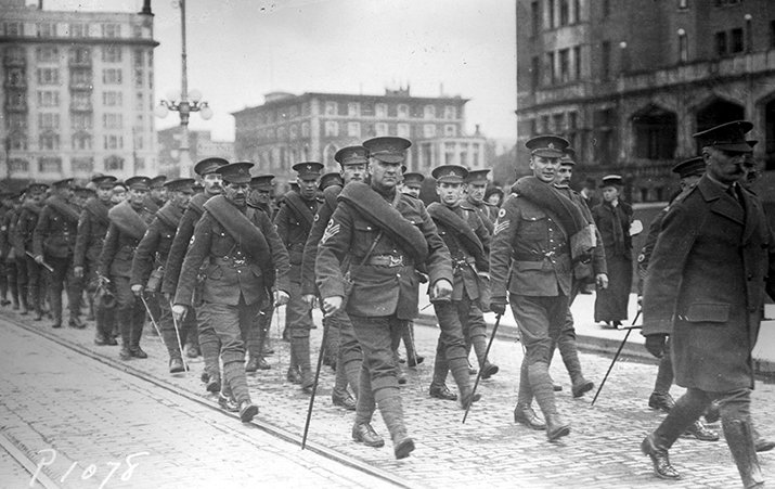 "Soldiers of the 48th Battalion (Canadian Expeditionary Force), marching down Government Street in front of the Empress Hotel, Victoria," 1915
