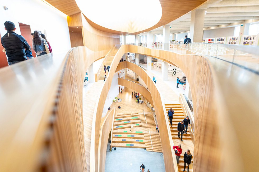 Calgary Central Library, Looking Down at Main Stairway (photo by Neil Zeller)