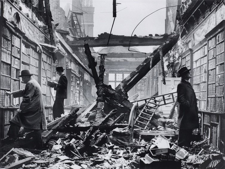 Photographer unknown, "The Library of Holland House Library, Kensington, London, after air raid," 1940