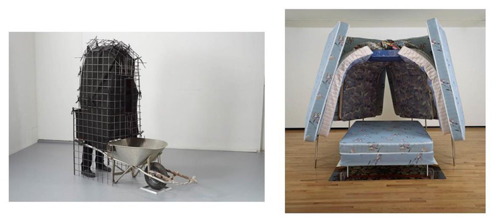 Left - [Mowry Baden, "Marsupial," 2013, steel, aluminum, fabric, rubber, Collection of the artist]