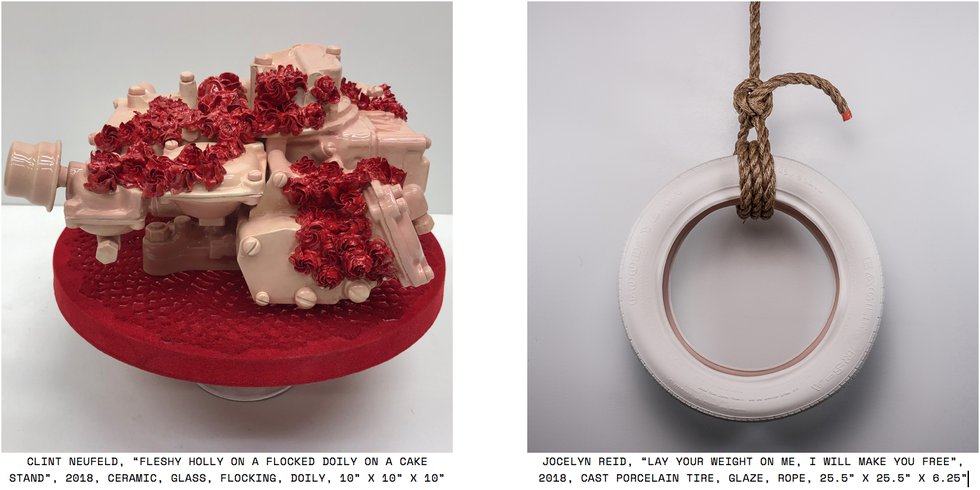 Left: Clint Neufeld, "Fleshy Holly on a Flocked Doily on a Cake Stand", 2018, ceramic, flocking, doily, 10" x 10" x 10" and