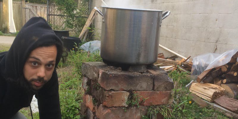 Derya Akay, "preparing a pot of boiling water outdoors," 2019
