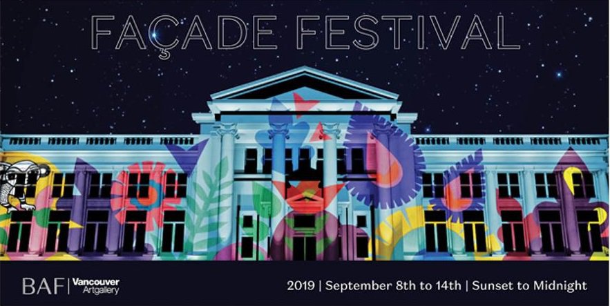 Rendering by Go2 Productions of a monumental projection to be presented by Sandeep Johal on the Georgia Street façade of the Vancouver Art Gallery in September as part of Façade Festival 2019.