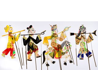 Chinese shadow puppets made by the Lu Family (MOA Collection 3338/8-12; photo by Alina Ilyasova, courtesy of Museum of Anthropology at UBC)