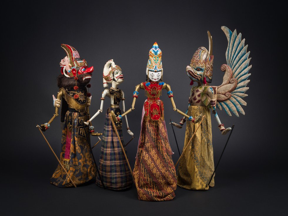 Javanese wayang golek (rod puppets) by unknown makers (MOA Collection 2872/22, 2872/21, 2872/35, 2872/19; photo by Alina Ilyasova, courtesy of Museum of Anthropology at UBC)
