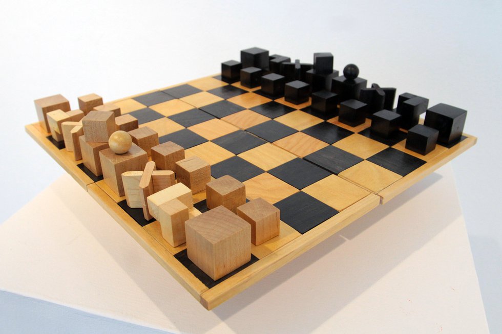 This contemporary replica of Josef Hartwig's "The Bauhaus Chess Set" of 1924 was manufactured by Naef under the official licence. (collection of Maltby and Prins Architects, Edmonton; photo by Fish Griwkowsky)