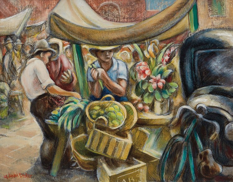André Biéler, "The Market Stall," 1946, oil on board, 16.5" x 20" ($29,500 - Cowley Abbott)