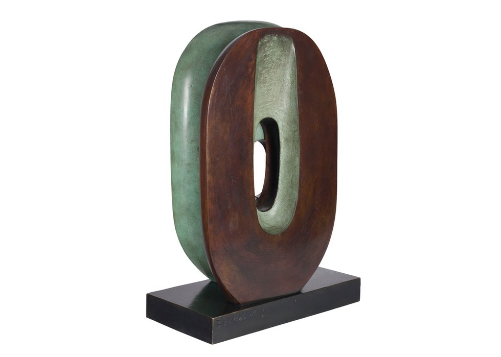 Barbara Hepworth, "Maquette for Dual Form," 1966, bronze sculpture with brown and green patina 7/9, 10"x 14.5" x 7" ($601,250 - Heffel)