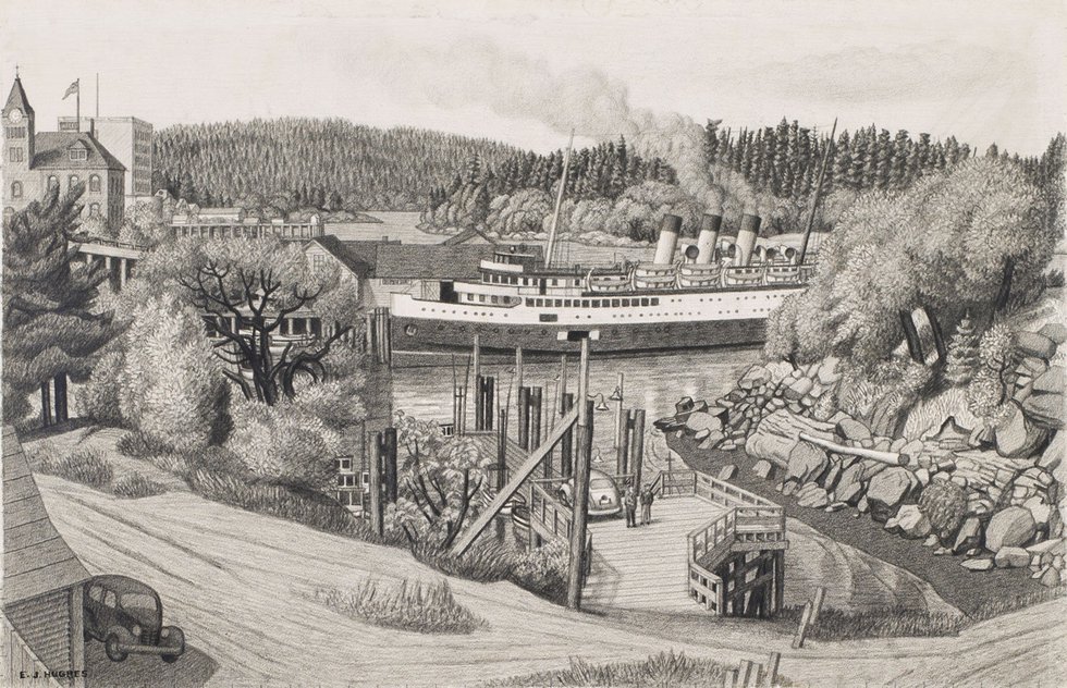 E.J. Hughes, "Vancouver Boat at the Old Wharf, Nanaimo, BC," 1958, graphite on paper, 14" x 22" ($169,250 - Heffel)