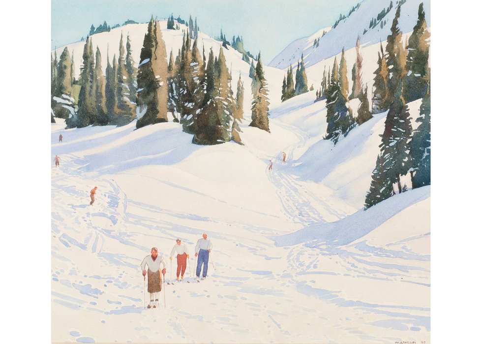 Walter J. Phillips, “Skiers at Sunshine,” 1947