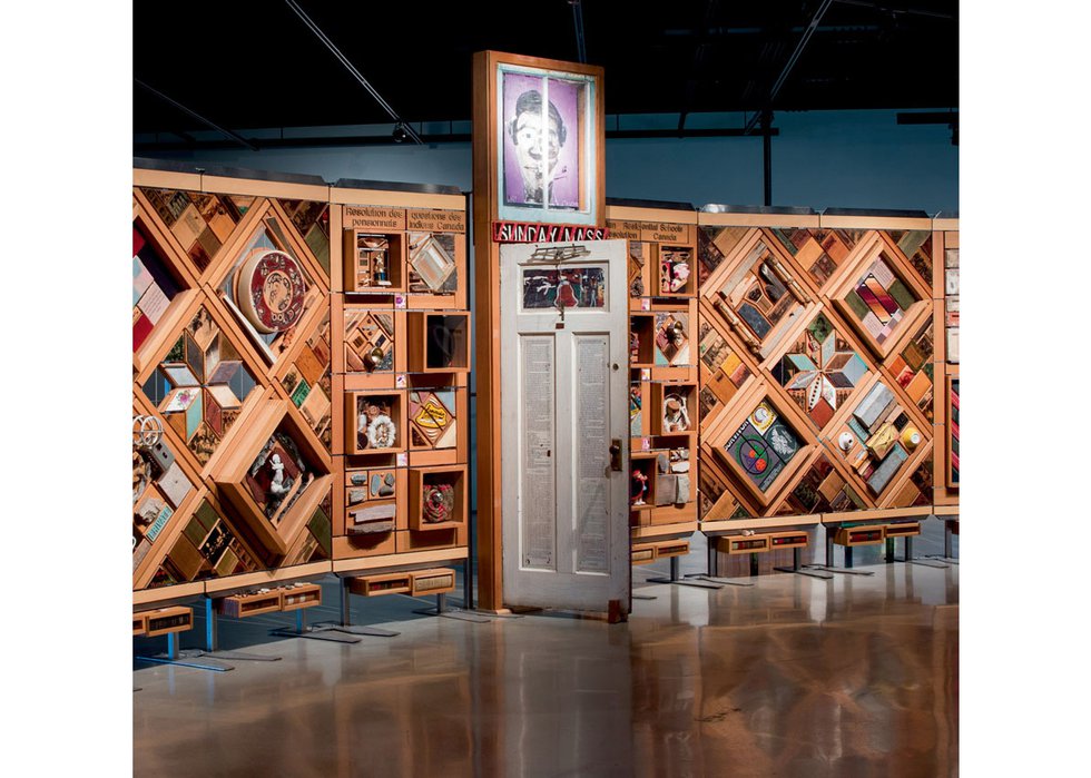 Detail of "Witness Blanket" shows a door from a residential school. (photo by Jesse Hlady)