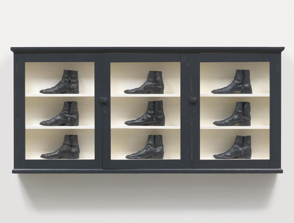Gathie Falk, “Single Right Men’s Shoes: Bootcase with 9 Black Boots,” 1973 (Collection of the Vancouver Art Gallery; photo by Rachel Topham, Vancouver Art Gallery)