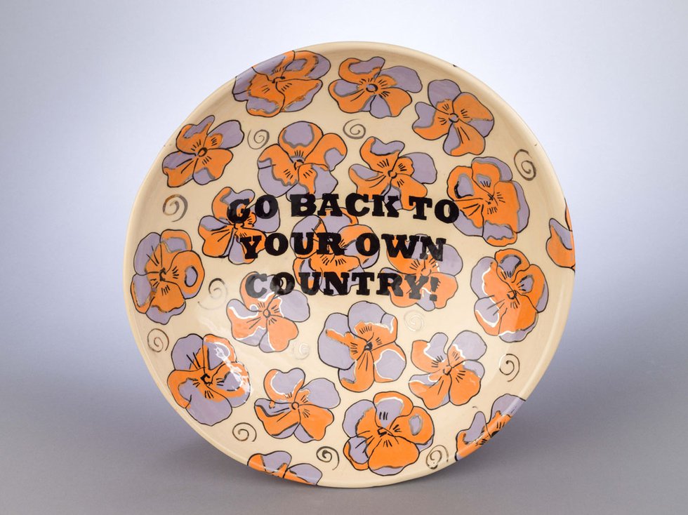 Judy Chartrand, “Go back to your own Country,” 2016 (Rennie collection; photo by Alina Ilyasova, courtesy of UBC Museum of Anthropology)