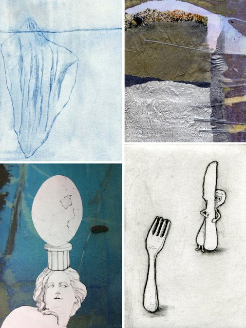 Top L to R: Jacqueline Law, "10 Percent," etching; Gail Fromson, "Stitched Landscape," monotype, stitching
