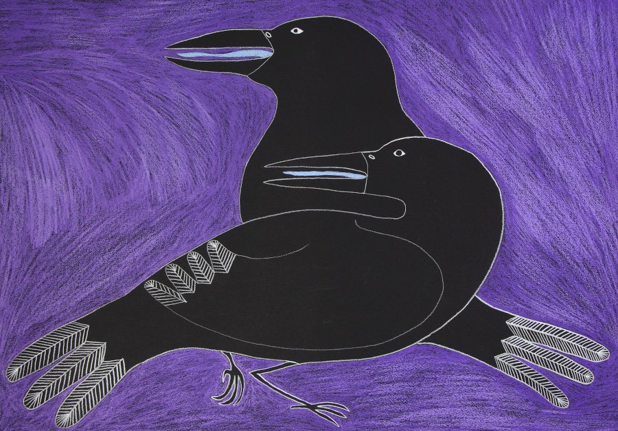 Ningiukulu Teevee, "Titled in Syllabics (Father and Son Ravens Talking About Male)," 2018