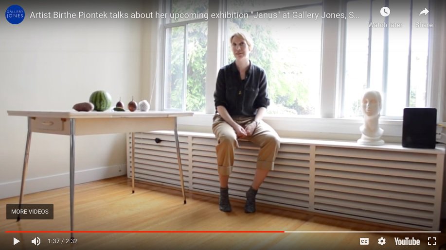 Artist Birthe Piontek talks about her upcoming exhibition "Janus" in a video posted on the website of Gallery Jones, a commercial gallery in Vancouver.