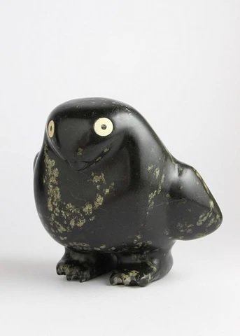 artist possibly Judas Ooloolah, "2. Owl," ca, 1980, Taloyoak, NU, pyroxine, ivory, 7” x 8” x 5”