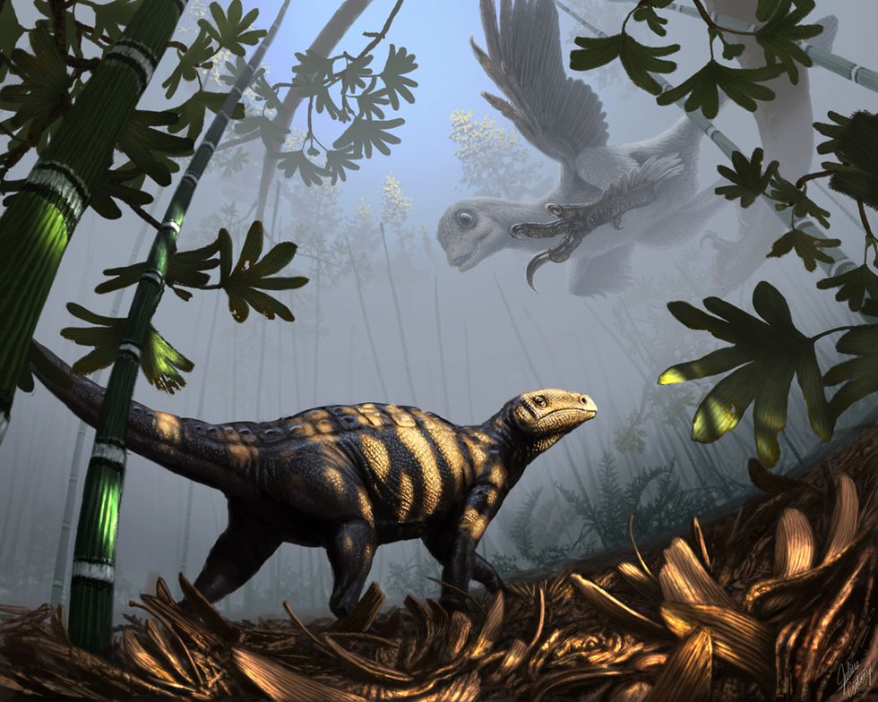 Julius Csotonyi, "Sinornithosaurus Ambushes Liaoningosaurus," 2014