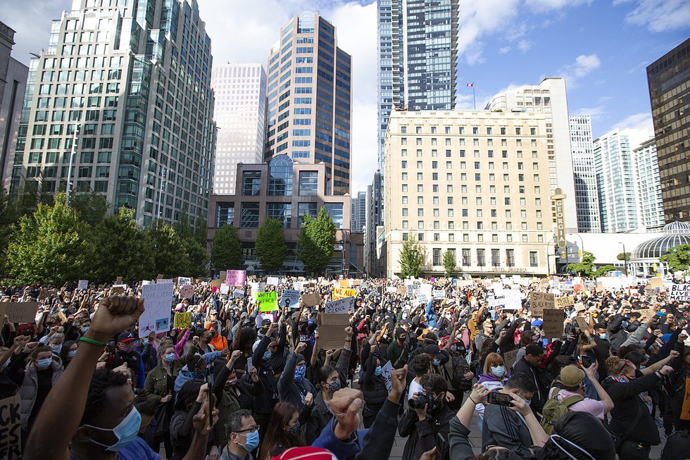 Black Lives Matter anti-racism rally at the Vancouver Art Gallery on May 20, 2020. (courtesy Wikimedia Commons)