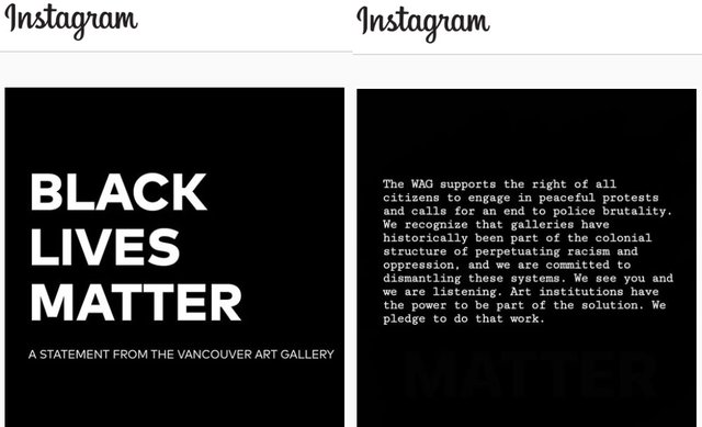 The Vancouver Art Gallery (left) and the Winnipeg Art Gallery both issued statements recently on Black Lives Matter.