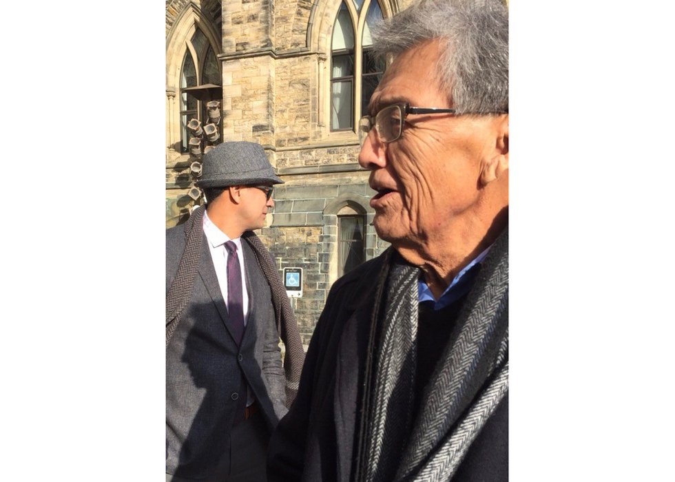 David A. Robertson and his father, Donald, outside the Parliament Buildings when they were in Ottawa for the 2017 Governor General’s Literary Awards. (photo by Julie Flett, courtesy HarperCollins Publishing and David A. Robertson family collection)