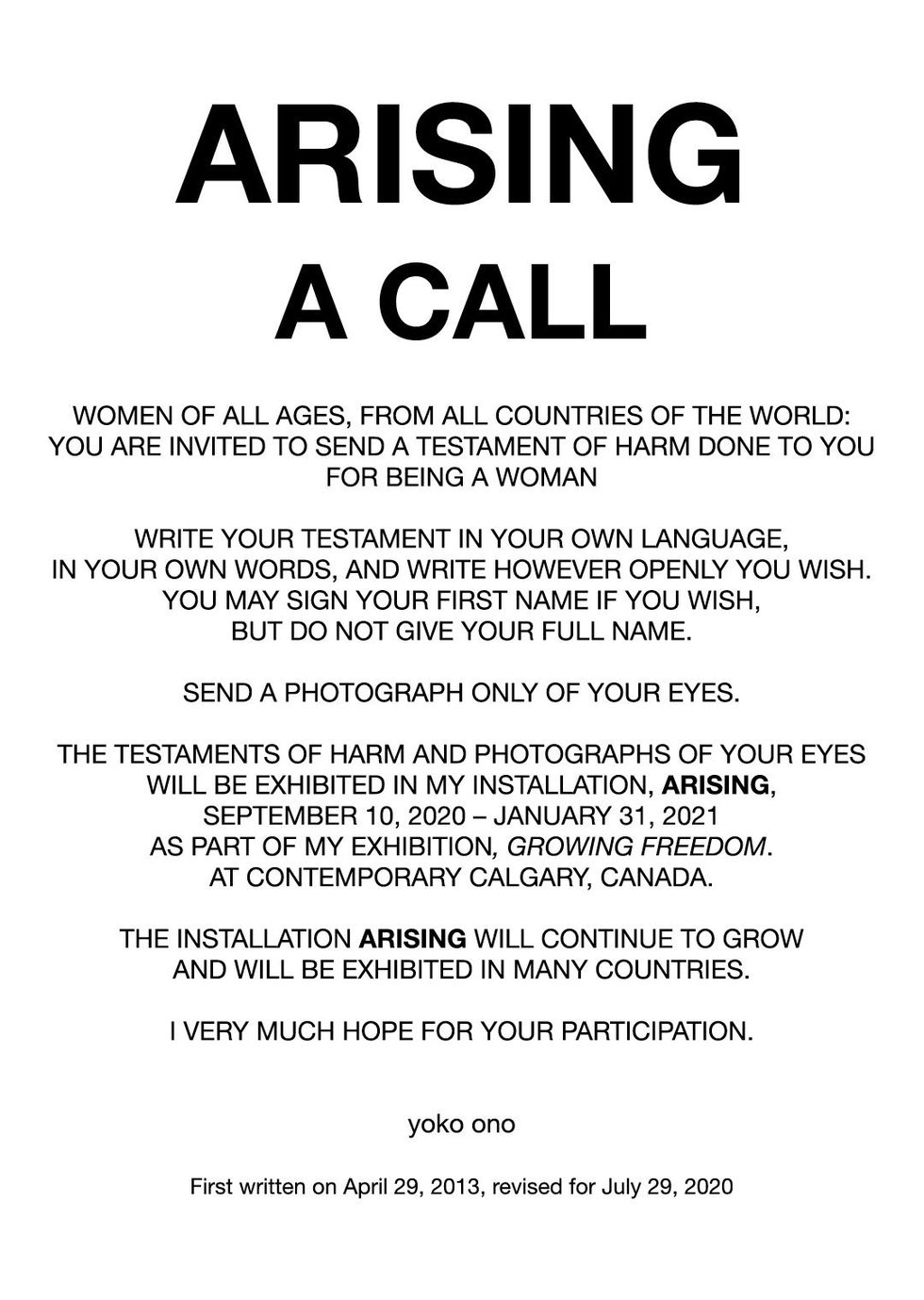 Yoko Ono, "Arising—A Call," 2020