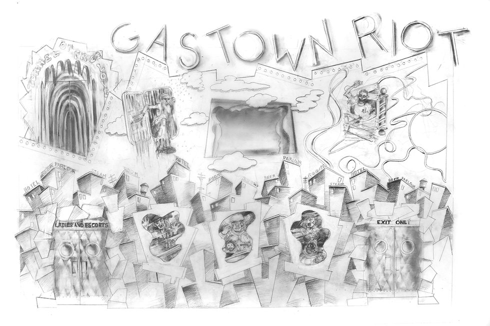 Neil Wedman drawing for his Gastown riot project. (courtesy the artist; photo by Mark Mushet)