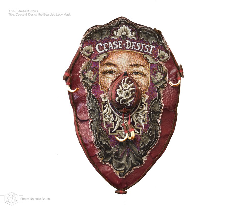 Teresa Burrows, “Cease &amp; Desist: the Bearded Lady Mask,” 2020, 70” x 50” x 10” (image courtesy Nathalie Bertin)