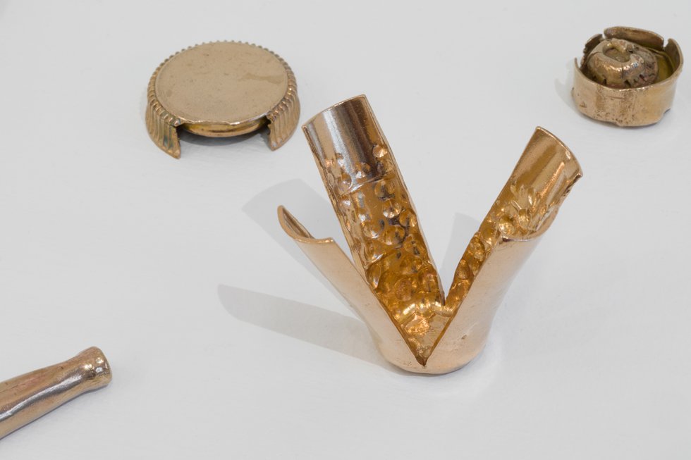 Jesse Gray, “Mesomonuments: Ex-situ,” 2020, beach plastic cast in bronze, dimensions variable (photo by Dennis Ha)