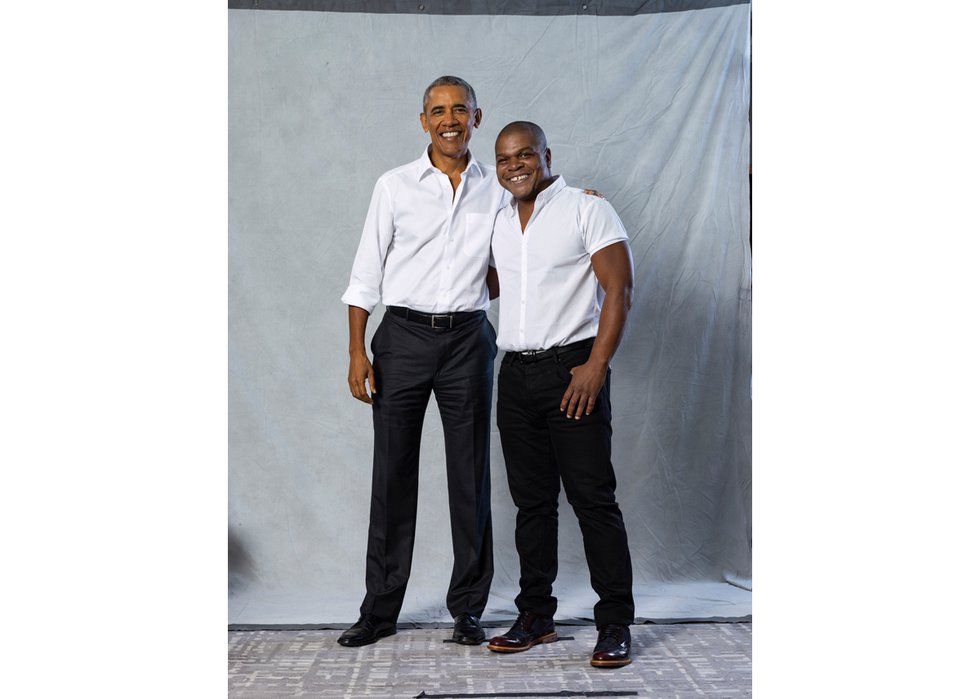 Barack Obama and Kehinde Wiley pose for a photograph during a sitting for the president’s portrait in the summer of 2017. (photo by Ain Cocke, ©Kehinde Wiley, 2017)
