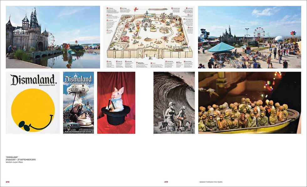 A spread from "A Visual Protest: The Art of Banksy," showing his 2015 project, "Dismaland."