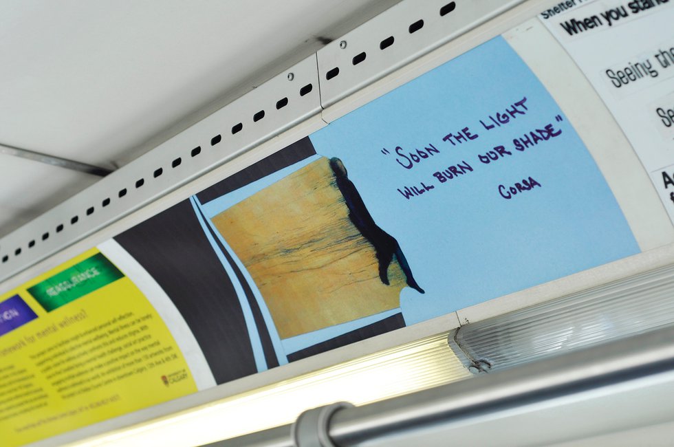 Text-based art and collage by a community participant was exhibited on buses, trains and in a 2020 exhibition at the cSPACE Arts Hub in Calgary. (photo courtesy Dick Averns)