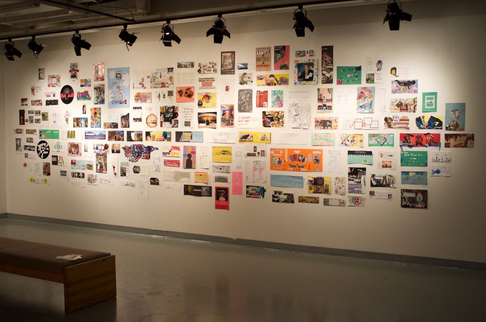 Artworks made by community participants were displayed in pop-up exhibitions, including this one at the University of Calgary curated by student Jacob Huffman. (photo by Dick Averns)