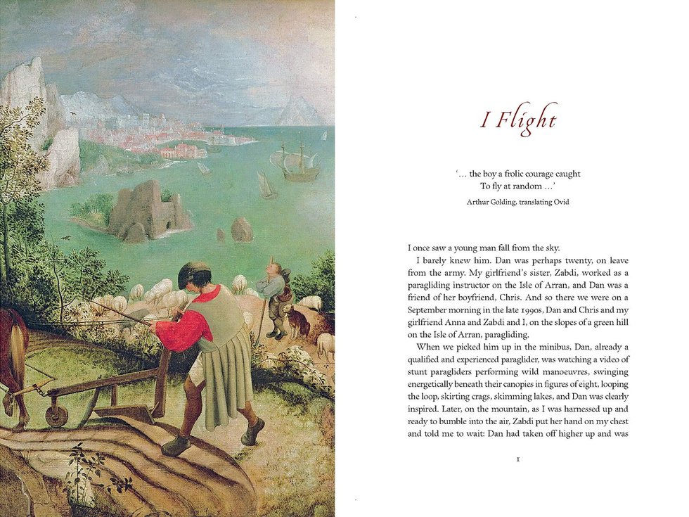 A page-spread showing "Landscape with the Fall of Icarus." Although it is attributed to Pieter Bruegel the Elder, Toby Ferris downgrades it to a category of "probable copies, misattributions and mislabellings."