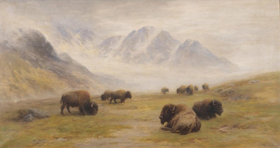 Frederick Verner, "Buffalo...Rocky Mountains," circa 1906, oil on canvas, 19" x 35" (sold at Hodgins for $27,500)