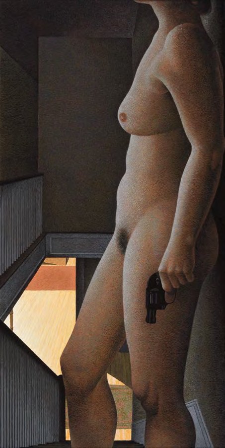 Alexander Colville, "Woman with Revolver," 1987, acrylic polymer emulsion on board 24" x 12" (sold at Heffel for $841,250)