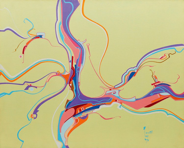 Alex Janvier, "Shoreline Existence," 1973, acrylic on canvas, 24" x 30" (sold at Cowley Abbott for $31,200)