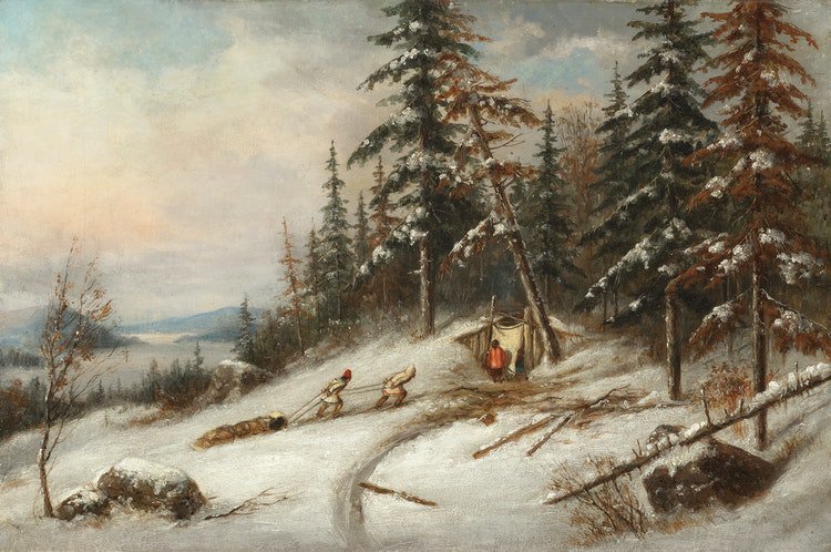 Cornelius Krieghoff, "Indian Trappers, Lake St. Charles," 1854, oil on canvas, 12" x 18" (sold at Cowley Abbott for $31,500)