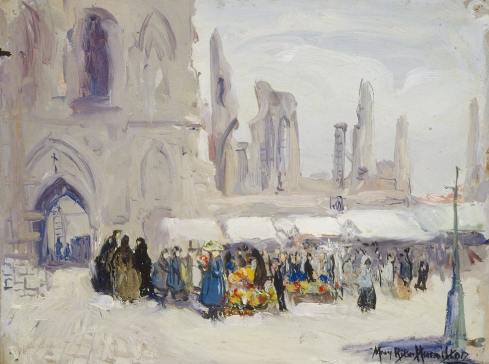 Mary Riter Hamilton, “Cloth Hall, Ypres – Market Day,” 1920