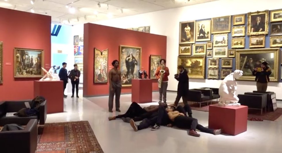 Chukwudubem Ukaigwe and other students in a 2019 performance at the Winnipeg Art Gallery that drew attention the lack of diversity in galleries.