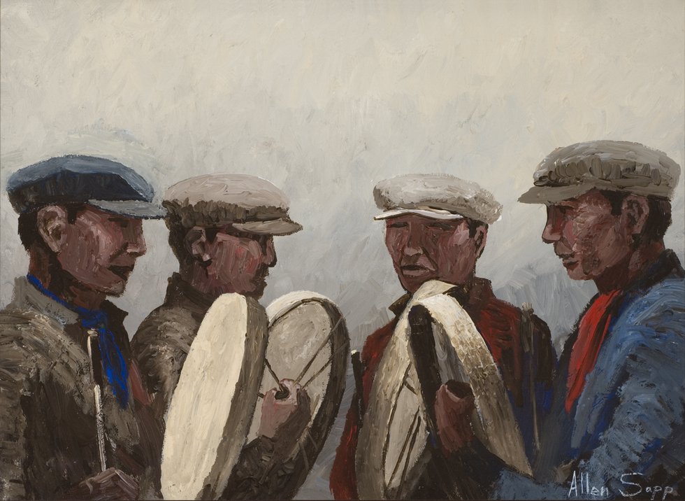 Allen Sapp, “Indian Drums,” 1972, acrylic on canvas, 23” x 29” (courtesy the Senate’s National Curatorial Interpretation Project)